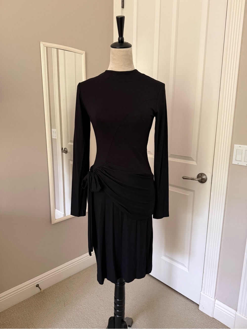 Nicole Miller Black Long-Sleeve Draped Tie-Waist Dress